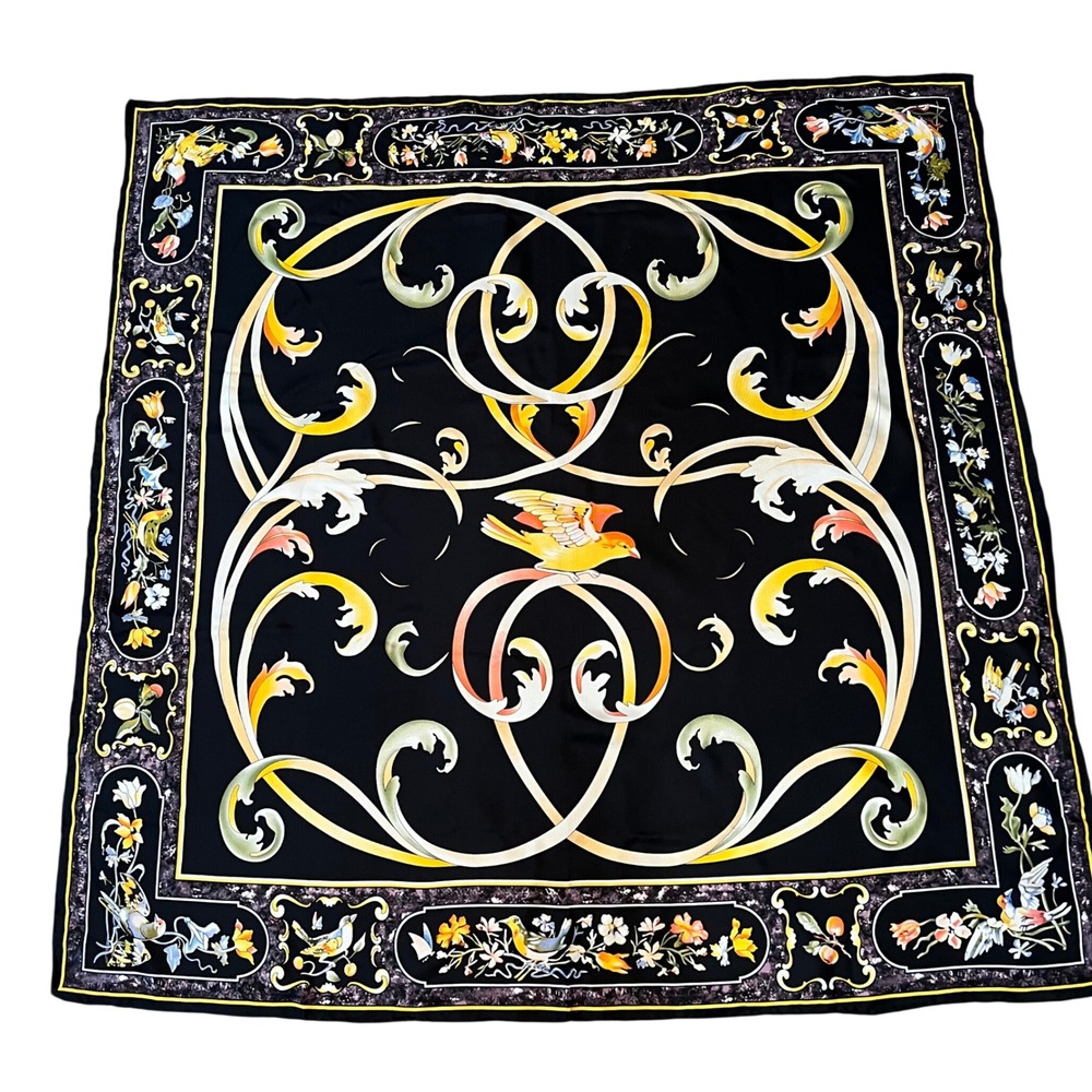Vintage KulturGutAG Black Silk Bird Floral Scroll Square Scarf
